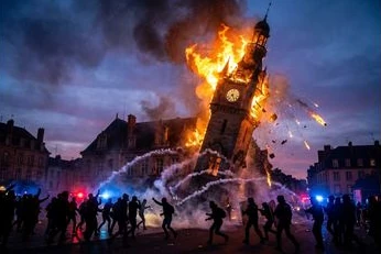 France Erupts: Historic Limoges Clock Tower Collapses Amid Fiery Protests - Watch