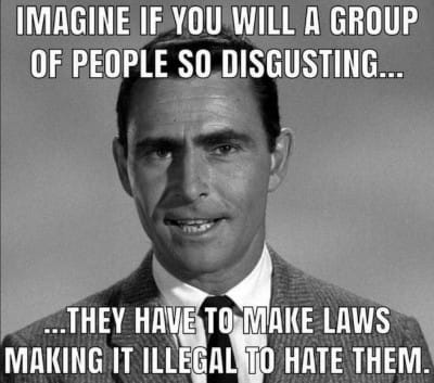 Imagine if you will a group of people so disgusting...They have to make laws making it illegal to hate them.