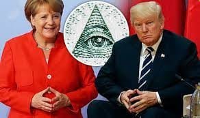 Merkel and Trump with Illuminati hand gesture