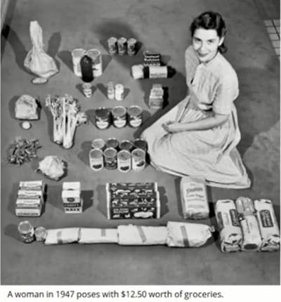 A woman in 1947 poses with $12.50 worth of groceries